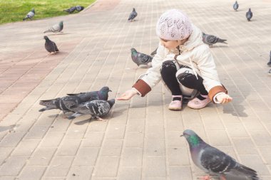 Beyaz ceketli bir kız baharda parkta güvercinleri besler.