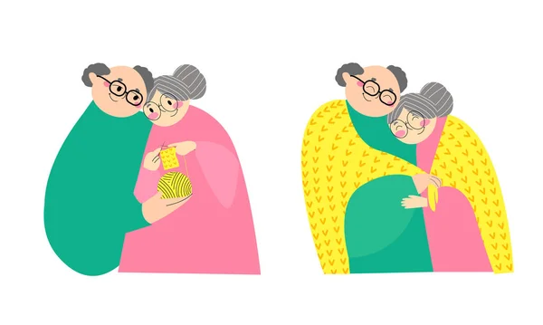Loving Elderly Couple Grandma Grandpa Knitting Vector Old People Isolated — Stockvektor