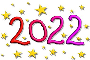 2022, altın yıldızlı beyaz arkaplan üzerine renkli bir yıl illüstrasyonu