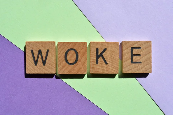 Woke Woord Houten Alfabet Letters Geïsoleerd Groene Paarse Achtergrond — Stockfoto