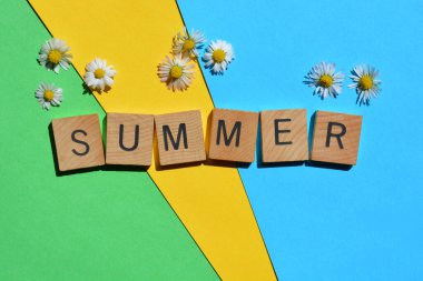 Summer, kelime ahşap alfabe harfleriyle, parlak sarı, yeşil ve mavi arkaplanda izole edilmiş, papatya çiçekleriyle süslenmiş.