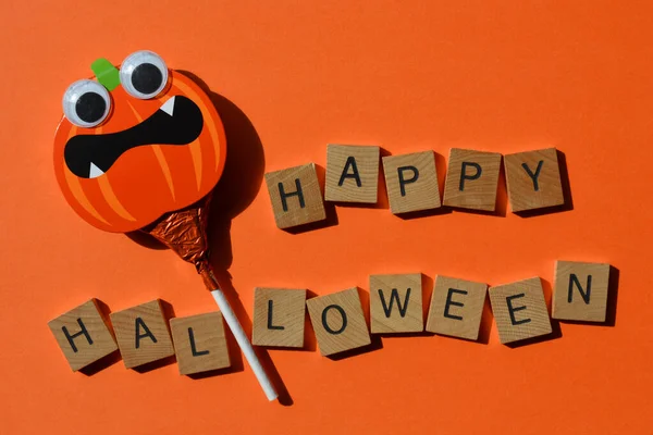 Feliz Halloween Palabras Letras Del Alfabeto Madera Google Lollipop Ojo —  Fotos de Stock