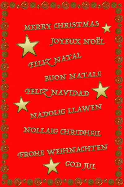 Merry Christmas in different languages, gold words and stars on red background