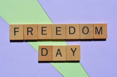 Freedom Day, words in wooden alphabet letter isolated on colourful pastel background
