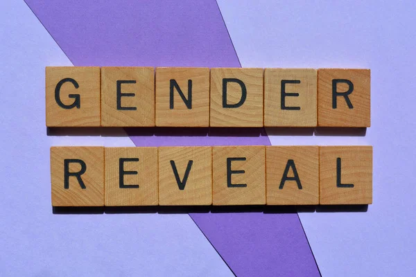 Gender Reveal Words Wooden Alphabet Letters Isolated Purple Background — ストック写真