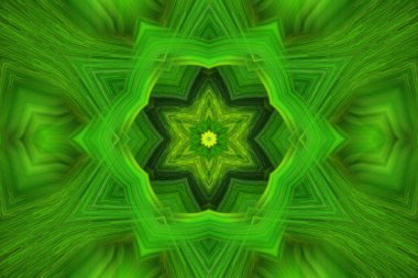 Dijital sanat, üç boyutlu illüstrasyon. Soyut parlak yeşil kaleydoskop deseni