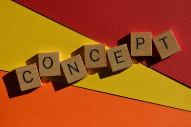 Kavram, tahta alfabe harfleriyle kelime parlak ve renkli arkaplanda izole.