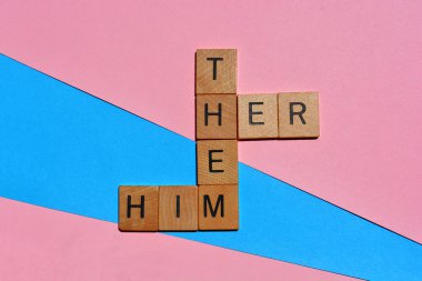 Him, Her, Them, words in wood alphabet letters in crossword form on pink and blue background. Gender pronouns