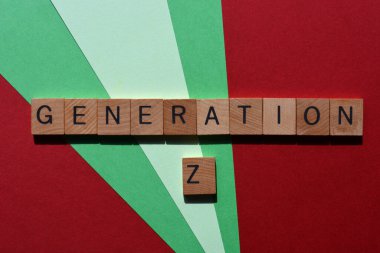 Generation Z, people born between 1995 and 2010, words in wooden alphabet letters isolated on colour background