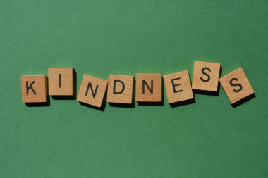 Kindness, word in wood alphabet letters isolated on breen backgroun