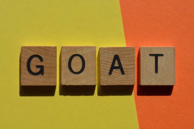 G O A T, tüm zamanların en büyüğü için kısaltma, parlak ve renkli arkaplanda izole edilmiş ahşap alfabe harfleri.