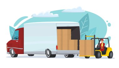 Bir forklift kutuları bir kamyona yüklüyor. Elektrikli bir yükleyici karton kutuları bir teslimat aracına yükler. Malların lojistik taşımacılığı. Çizgi film düz vektör çizimi beyaz üzerine izole edildi