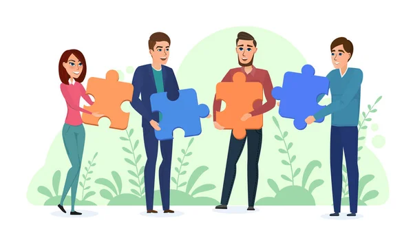 连接拼图块的人 商业概念 团队隐喻 团队合作的象征 合作伙伴关系卡通平面图解孤立在白色上 — 图库矢量图片