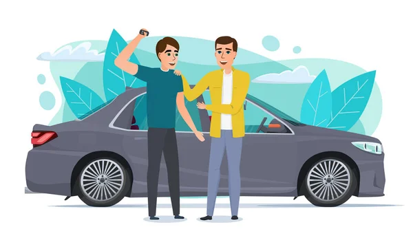 Ευτυχισμένοι Γιορτάζουν Αγοράζοντας Ένα Αυτοκίνητο Φίλοι Νοικιάζουν Αυτοκίνητο Κοινή Χρήση — Διανυσματικό Αρχείο