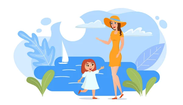 Personagens Familiares Felizes Mãe Filha Praia Verão Mamãe Filha Mar — Vetor de Stock