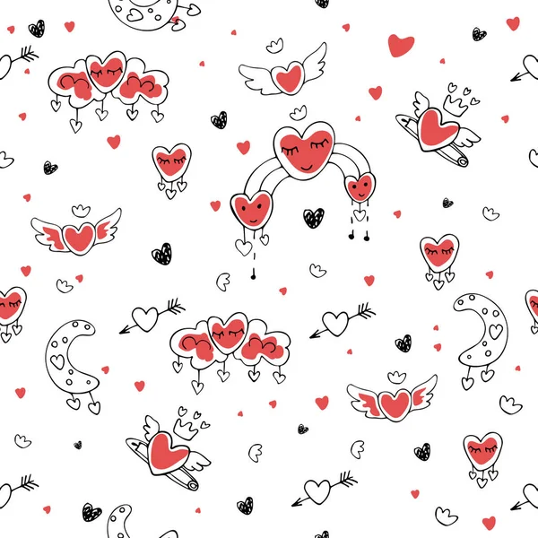 Herzen Klopfen Liebe Valentinstag Hand Drown Hearts Doodles Seamless Pattern — Stockvektor