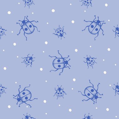 Parmak izi için el çizimi böceği olan vektörsüz desen. Doğanın doğallığı, güzel böcekler, ekoloji. Beyaz ve yeşil renkler. Renk arkaplanı