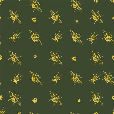 Parmak izi için el çizimi zürafa böceği ve uğur böceği olan kusursuz bir model. Doğanın doğallığı, güzel böcekler, ekoloji. Yeşil ve sarı arkaplan