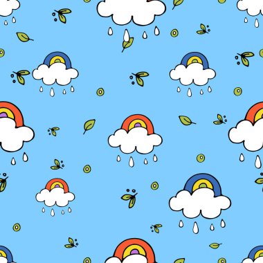 Bulutların üzerinde bebek gökkuşağı, bahar yaprakları. Vektör kusursuz desen. Yağmur, su, çocuklar için sızıntı önleyici baskı ve suda çocuk oyunları için. arkaplan mavi ve renk karakterleri