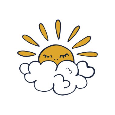 Gökkuşaklı düz yağmur bulutu. Çocukların dünyası izole edilmiş beyaz bir arkaplanda çizim yapıyor. Sarı. İlkbahar ve hava vektörü illüstrasyonu