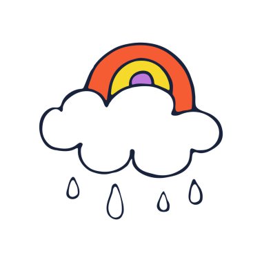 Uyuyan güneşli düz bir yağmur bulutu. Çocukların dünyası izole edilmiş beyaz bir arkaplanda çizim yapıyor. Sarı. İlkbahar ve hava vektörü illüstrasyonu