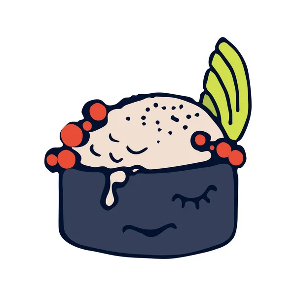 洋人可爱的寿司卷 罐头食品加酱料 美味的病媒食物配鱼和米 在一个白色孤立的背景 寿司吧餐厅标志 — 图库矢量图片