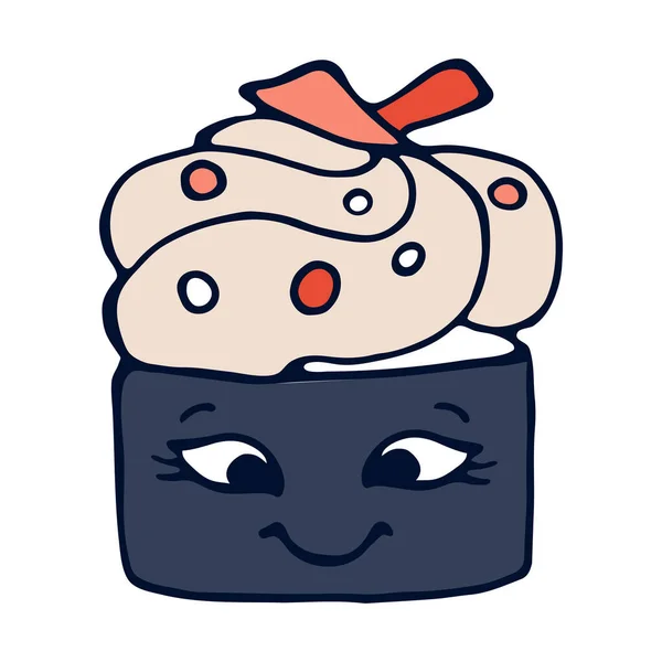 洋人可爱的Maki 寿司带有鱼和米的情感病媒食物 在一个白色孤立的背景 餐厅标志Kawaii — 图库矢量图片