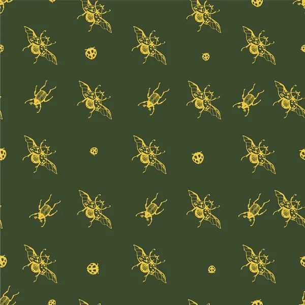 Parmak izi için el çizimi zürafa böceği ve uğur böceği olan kusursuz bir model. Doğanın doğallığı, güzel böcekler, ekoloji. Yeşil ve sarı arkaplan
