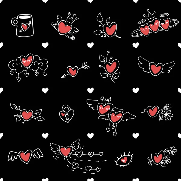 Liebe Valentinstag Hand Drown Hearts Doodles Nahtloses Muster Vektor Romantische — Stockvektor