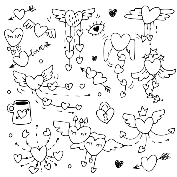 Liefde Valentijnsdag Hand verdrinken harten Doodles Set. Vector romantische pictogrammen collectie. Leuk hart met vleugels. Gelukkige Valentijnsdag zwart-wit illustratie voor web, print, design — Stockvector