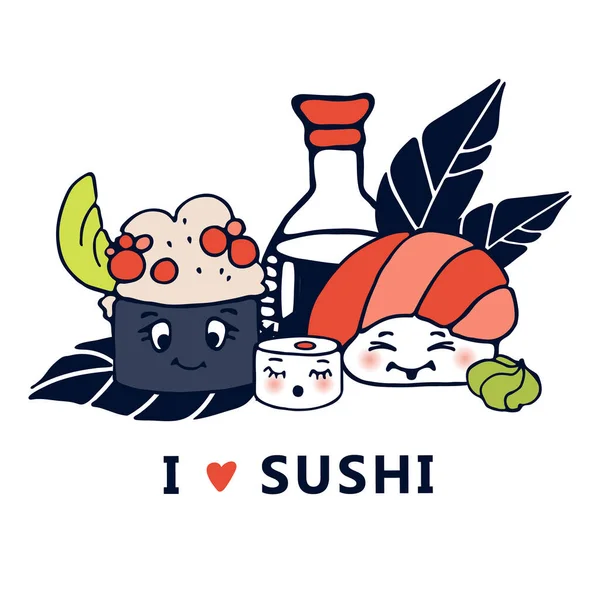 Leuke Kawaii Sushi Familie Broodjes Afdrukken Hou Van Sushi Vector — Stockvector