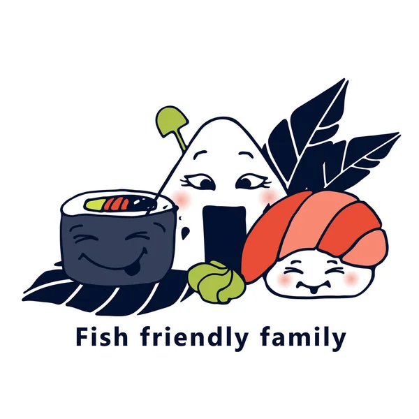 Verschillende Kawaii Sushi Familie Broodjes Nigiri Vectorlogo Huisstijl Van Het — Stockvector