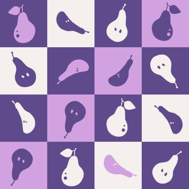 Armut geometrik deseninin vektörü. Beyaz arka planda kusursuz tekrarlayan renk deseni. Mor, pembe ve beyaz satranç rengi