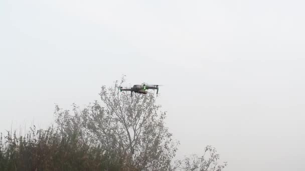 Drone aterrizando en una carretera de campo en espesa niebla en la madrugada, todavía oscuro — Vídeos de Stock