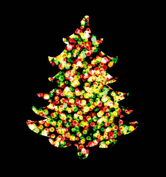 Silhouette Decorated Christmas Tree Yellow Red Green Confetti Black Background — Stock Photo, Image