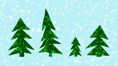 Noel arkaplanı - mavi arkaplandaki dört üçgen yeşil Noel ağacı yıldızlarla dolu, kopyalama alanı