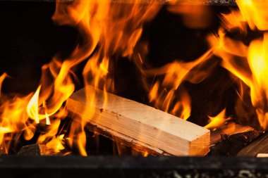 Alev alev yanan bir şöminenin içine yakın bir huş ağacı kütüğü.