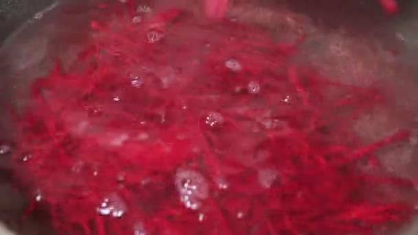 Vařím doma. Nalévání syrové řepy nařezané na tenké proužky do vroucí vody. — Stock video