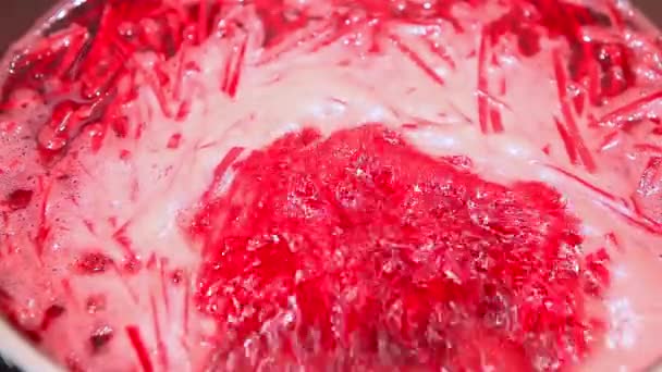 Boiling red soup close-up until frothy. Chopped beetroot in a saucepan — Stock Video