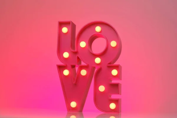 Miłość. Różowa literówka miłość na jasnym neonowym różowym tle.Związki i uczucia. Walentynki. — Zdjęcie stockowe