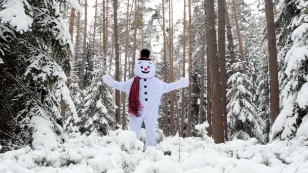 Schneemann springt im verschneiten Winterwald. Winterspaß und Spiele. — Stockvideo