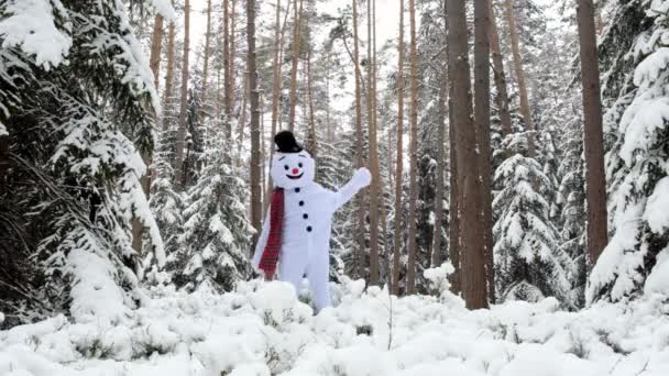 Снеговик прыгает в зимнем заснеженном лесу. — стоковое видео