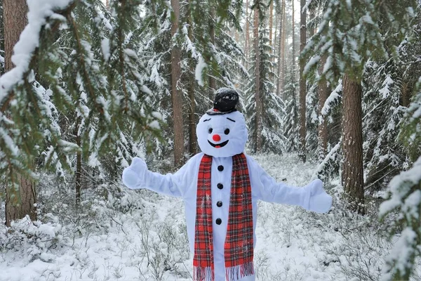 Hóember.Karácsony és újév.Hóember játszik a téli havas erdőben.Vidám hóember. Téli játékok. — Stock Fotó