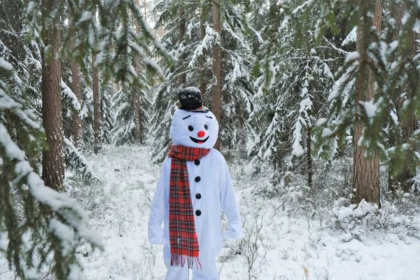 Kardan adam. Noel ve Yeni Yıl. Şimdi adam kışın karlı ormanda oynuyor.. — Stok fotoğraf