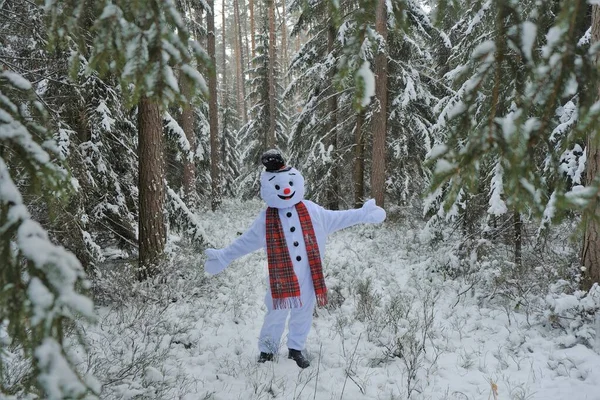 Kardan adam. Noel ve Yeni Yıl. Şimdi adam kışın karlı ormanda oynuyor. Kış eğlencesi ve oyunları. — Stok fotoğraf