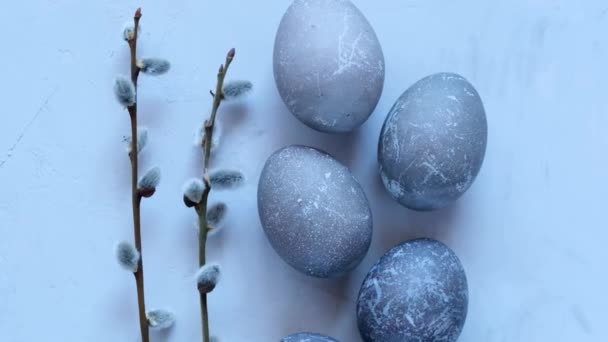 Easter eggs in gray tones and sprigs of pussy willow on a gray background. — Stock videók