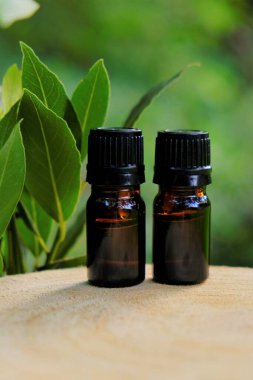 Defne yağı. Saha yaprağı yağı. Temel yağ. Laurel gerekli yağ. Cam kahverengi şişeler seti ve defne yaprakları yeşil bulanık arka planda.