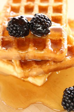  Ballı ve böğürtlenli Belçika waffle 'ları. Lezzetli kahvaltı. Waffle, sıvı bal damlaları. Bal ve böğürtlenle pişirme