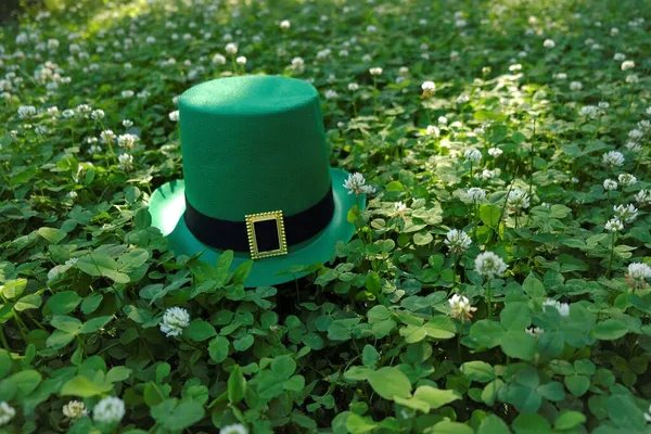 St. Patricks Day fond vert avec des feuilles de trèfle. Chapeau lutin vert en trèfle vert.Vacances traditionnelles irlandaises.Fond Saint Patrick — Photo