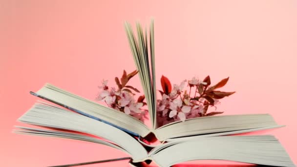 Livros de primavera. .Livros sobre plantas e flores. Livro romântico. Livro aberto com ramos floridos rosa close-up em um fundo rosa claro — Vídeo de Stock